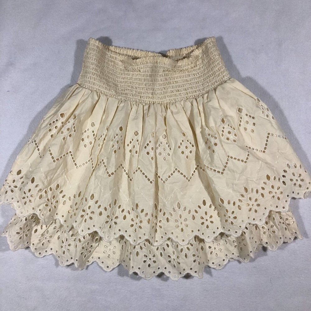 Zara Womens XS Tiered Eyelet Skirt 100% Cotton Cream Pale Yellow